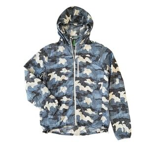 Stio Second Light Windshell Jacket Mens M Blue Camo Topo Print Hooded Gorpcore